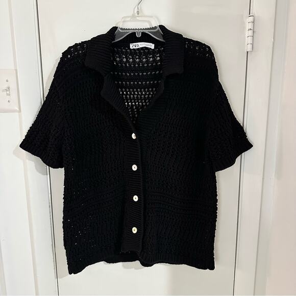 Zara Black Open Knit Polo Cardigan Sweater Short Sleeve Button Down V Neck S/M - Picture 10 of 11